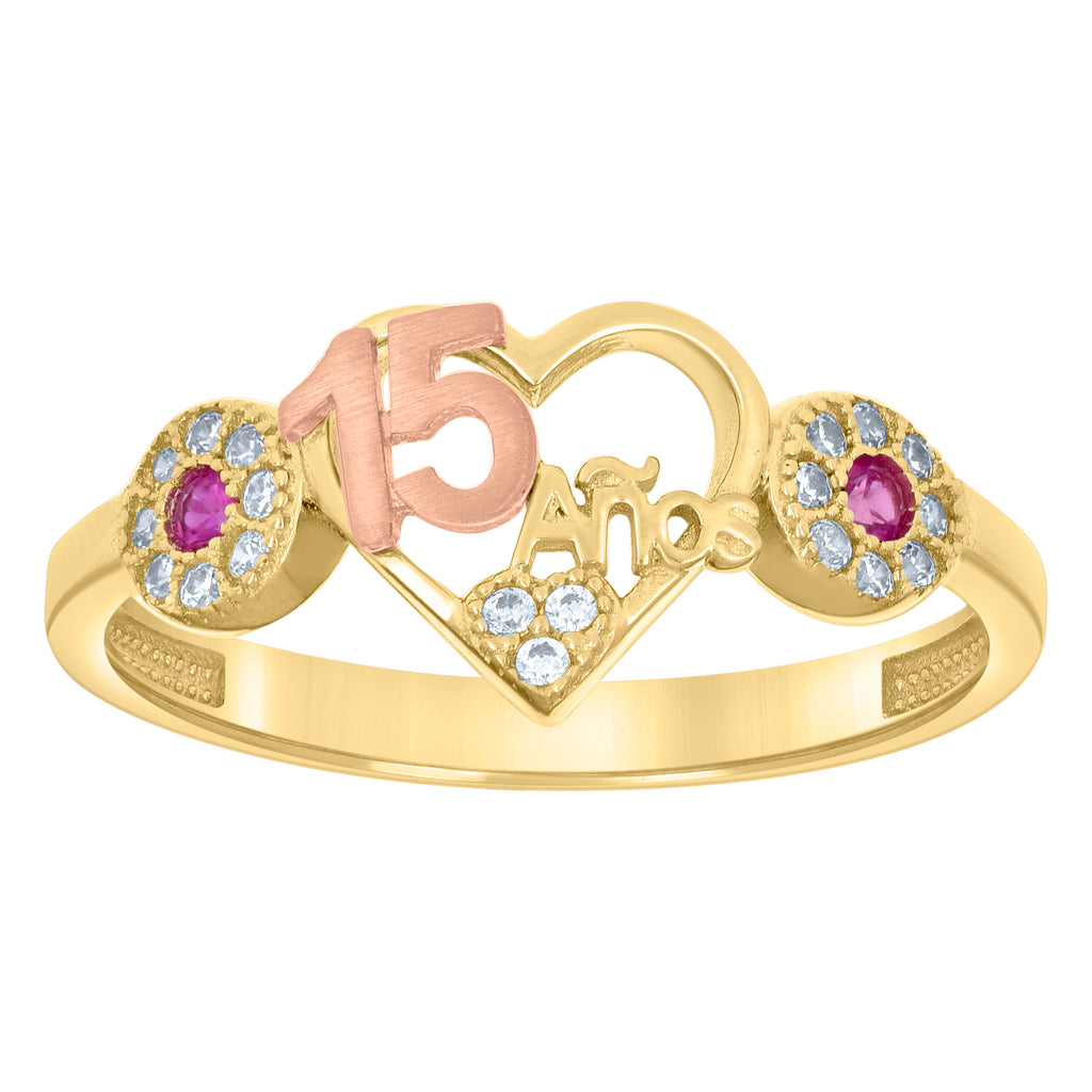 10K Two-tone Gold Womens Pink White Cubic-Zirconia Heart Anos 15 Quinceanera Ring