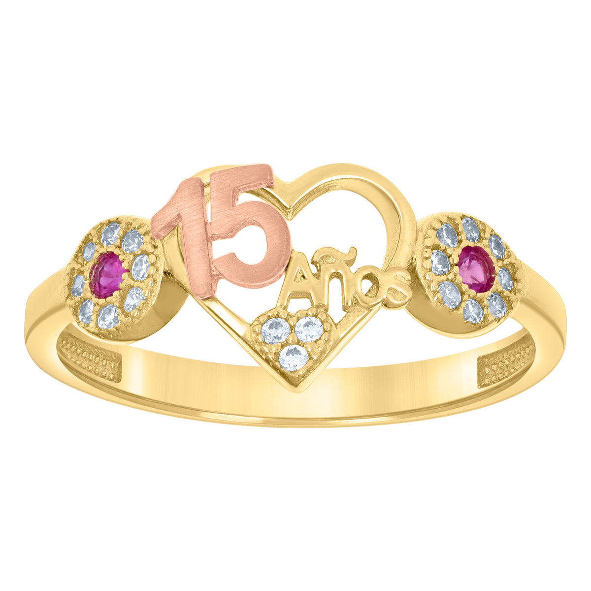 10K Two-tone Gold Womens Pink White Cubic-Zirconia Heart Anos 15 Quinceanera Ring