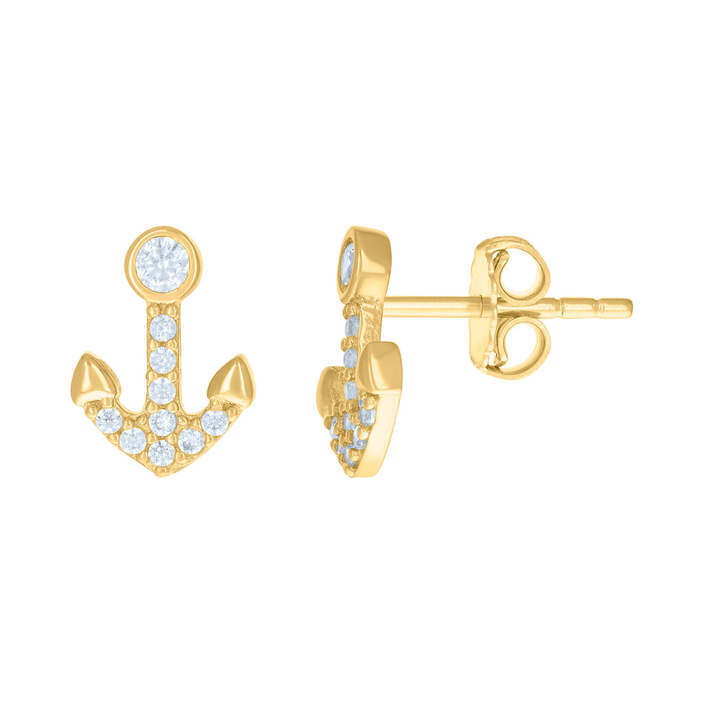 10K Yellow Gold Womens Cubic-Zirconia Anchor Ocean Stud Earrings