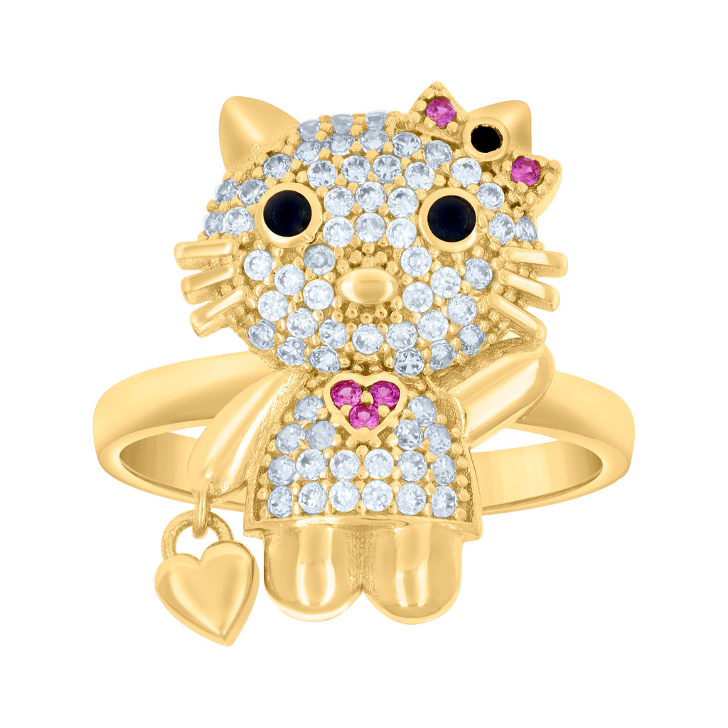 10K Yellow Gold Womens Black/Pink White Cubic-Zirconia Kitty Fashion Ring