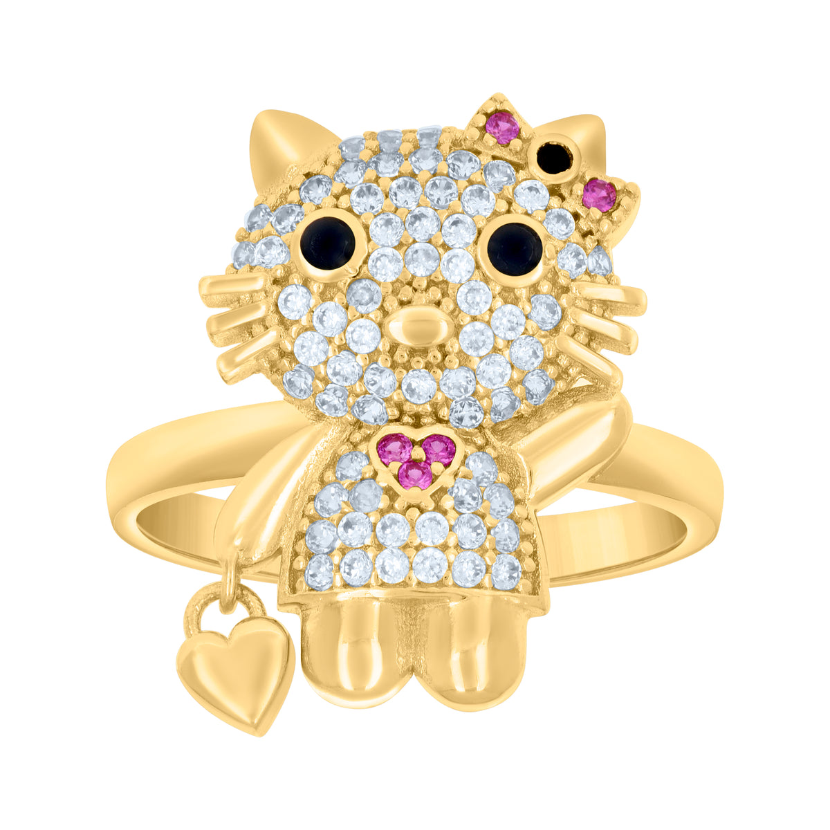 10K Yellow Gold Womens Black/Pink White Cubic-Zirconia Kitty Fashion Ring