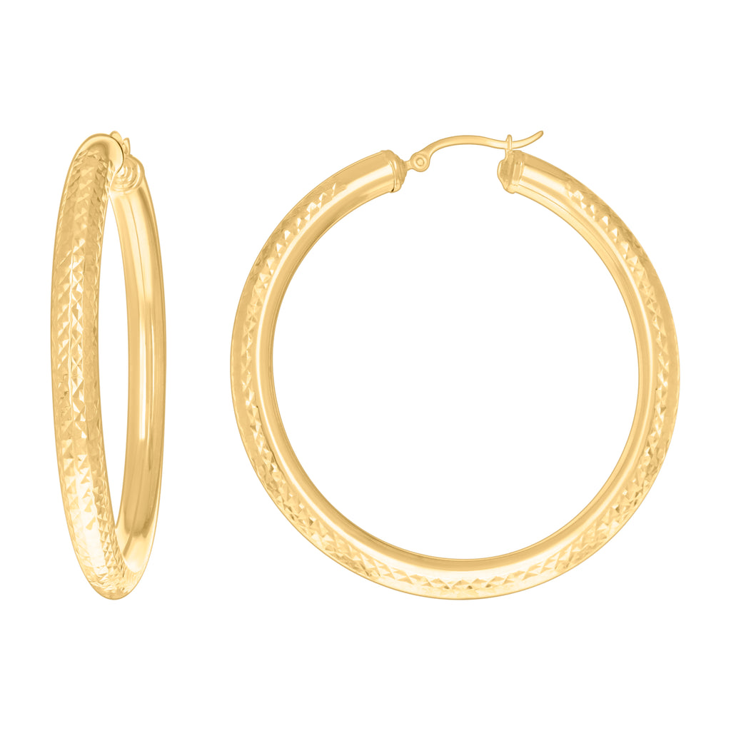 10K Yellow Gold Womens Round Tube Diamond-cut Patterned Fancy Hoop Earrings 5mm-57