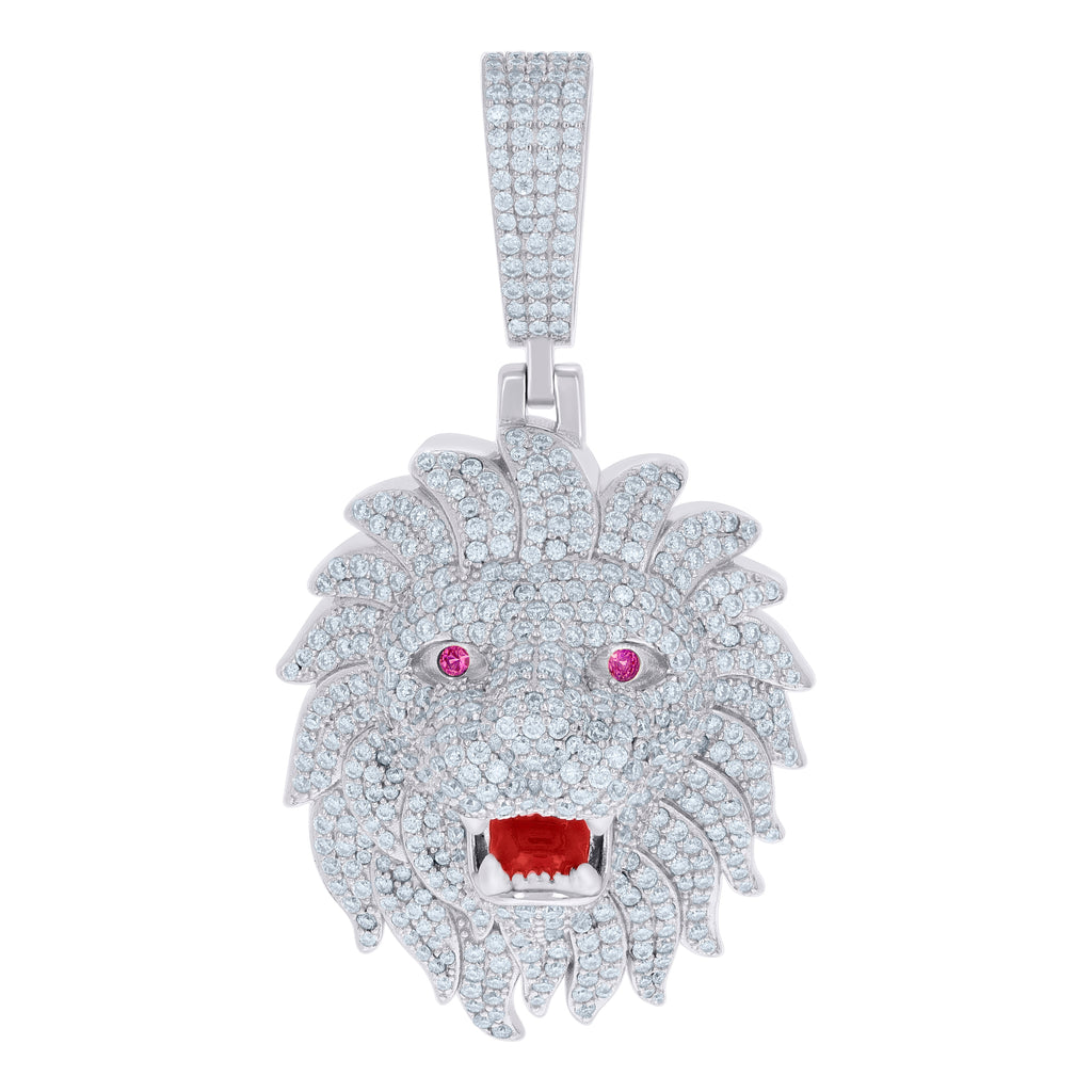 925 Sterling Silver Mens Purple White 7.69ct Moissanite Red Enameled Leo/Lion Head Zodiac Sign/Wildlife Pendant
