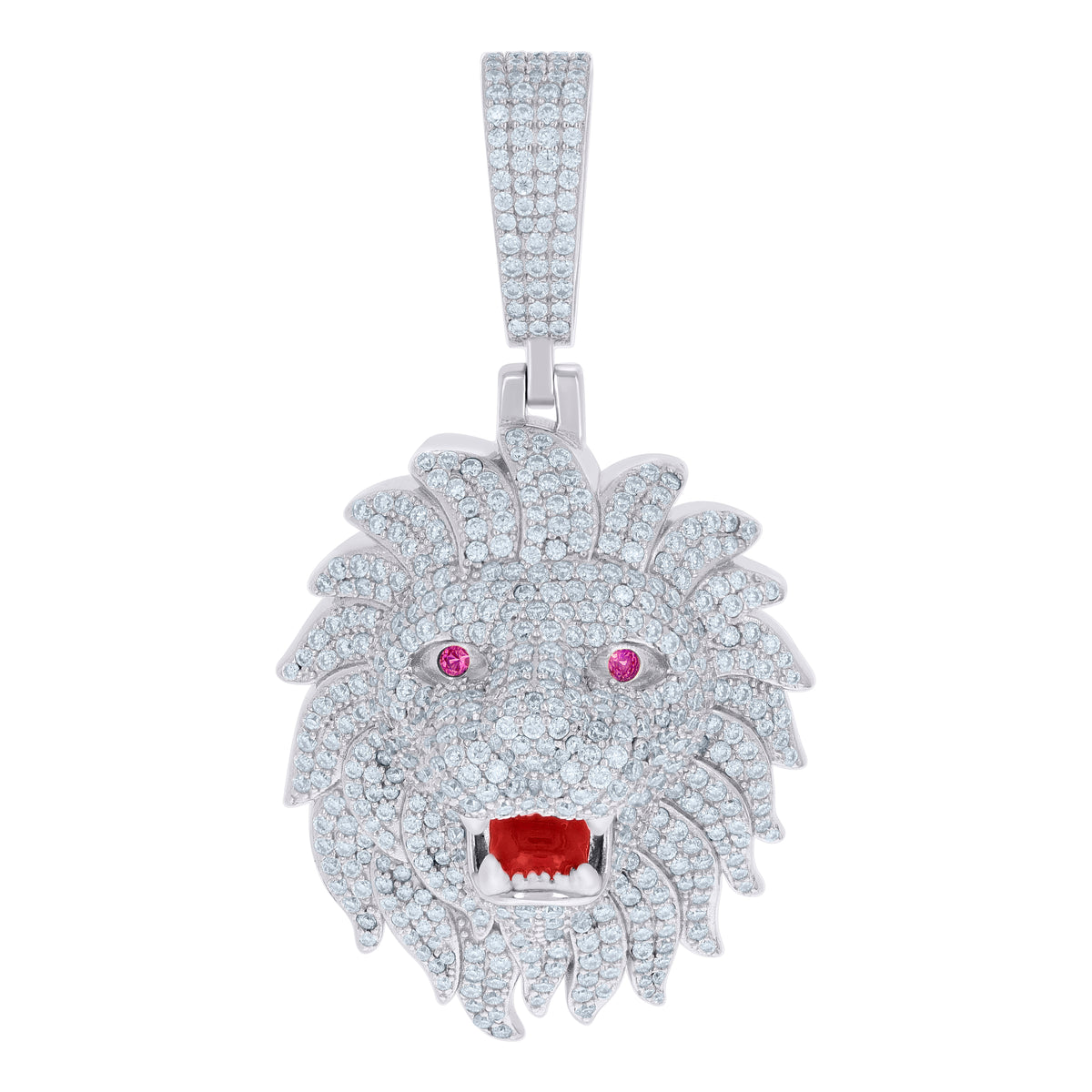 925 Sterling Silver Mens Purple White 7.69ct Moissanite Red Enameled Leo/Lion Head Zodiac Sign/Wildlife Pendant