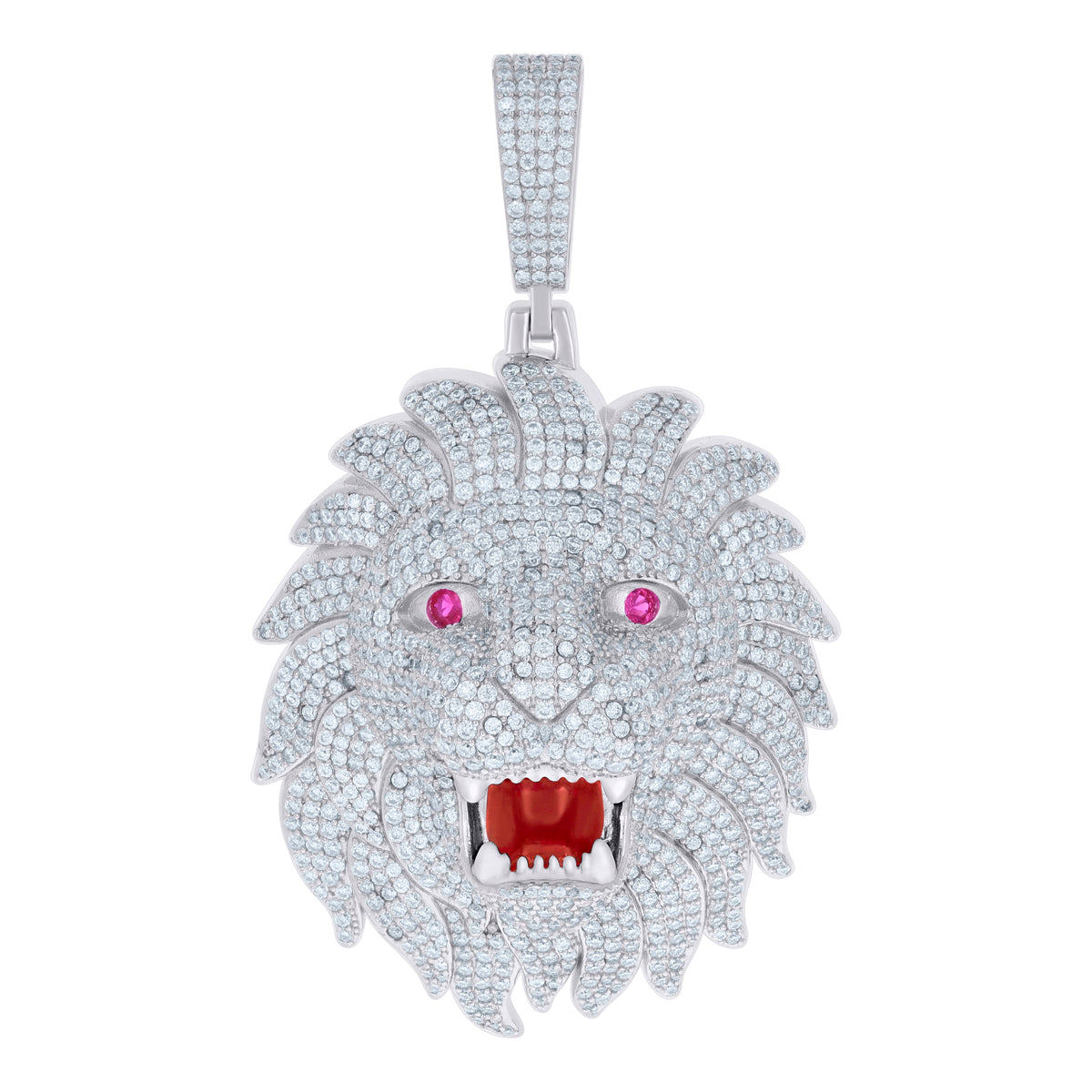 925 Sterling Silver Mens Purple White 15.1ct Moissanite Red Enameled Leo/Lion Head Zodiac Sign/Wildlife Pendant