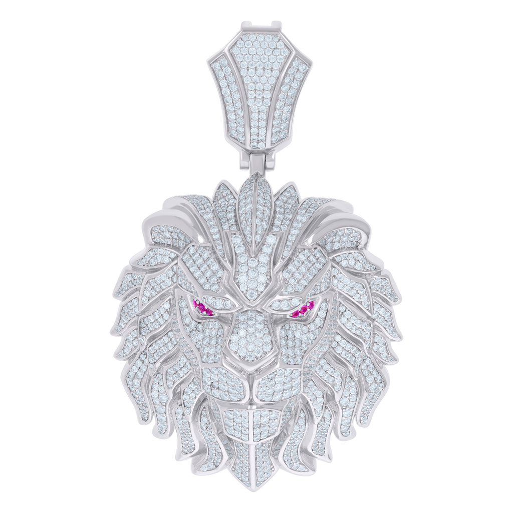 925 Sterling Silver Mens Purple White 11.9ct Moissanite Leo/Lion Head Zodiac Sign/Wildlife Pendant