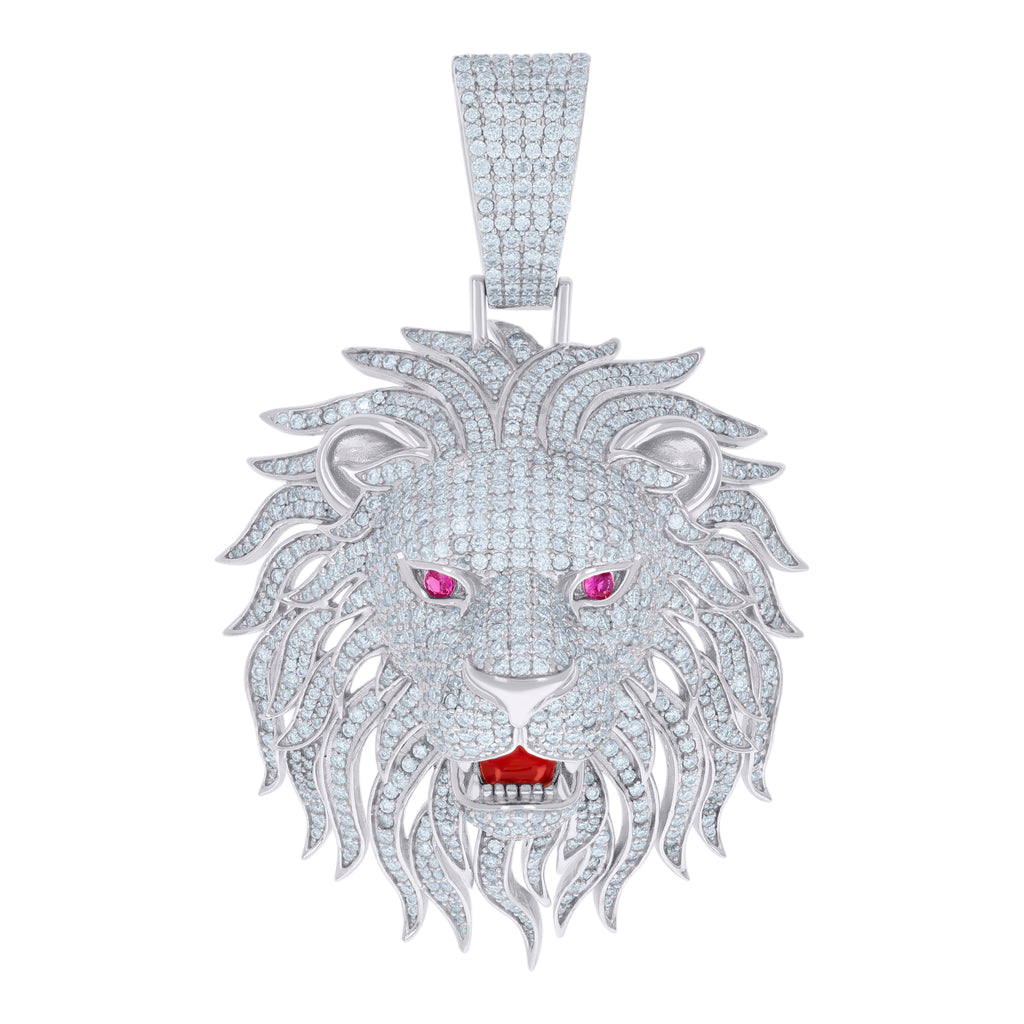 925 Sterling Silver Mens Purple White 10.8ct Moissanite Red Enameled Leo/Lion Head Zodiac Sign/Wildlife Pendant