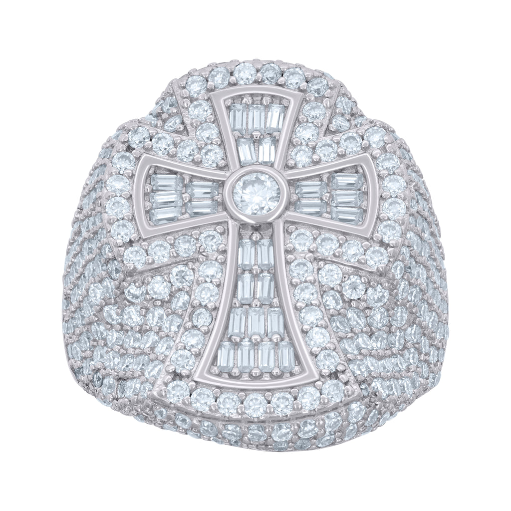 925 Sterling Silver Mens 0.72ct Baguette 4.19ct Round Moissanite Cross Religious Ring Size 10