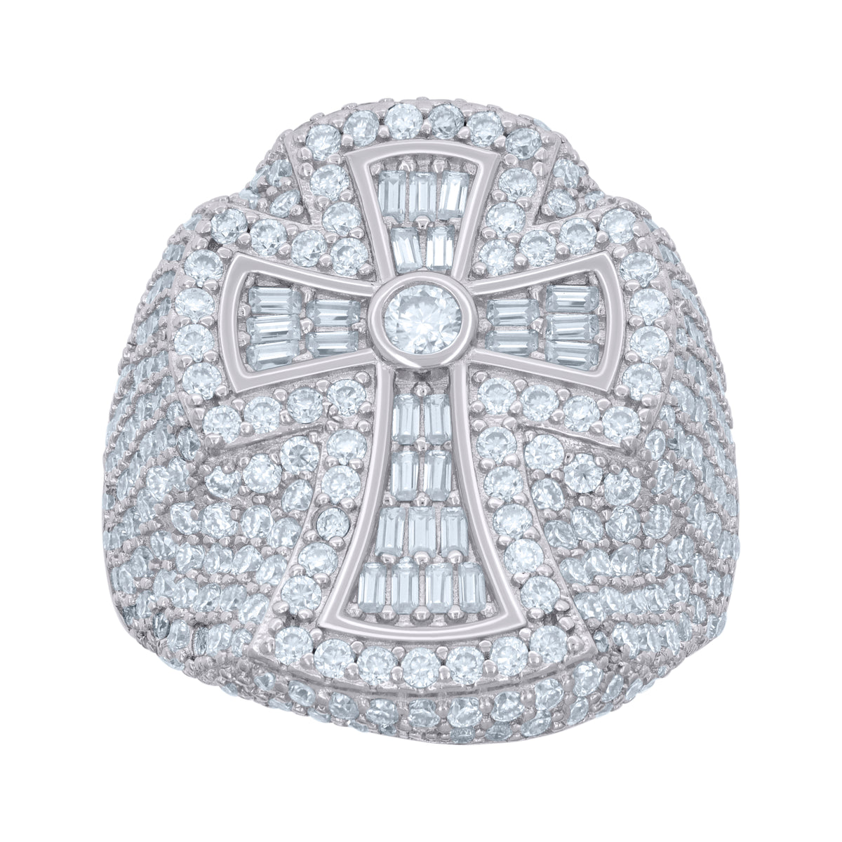 925 Sterling Silver Mens 0.72ct Baguette 4.19ct Round Moissanite Cross Religious Ring Size 10