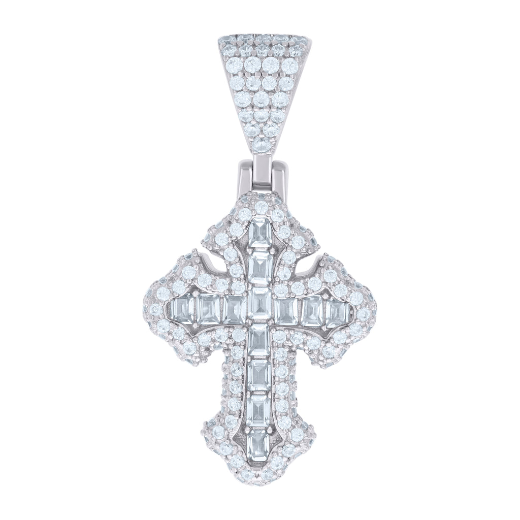 925 Sterling Silver Mens 1.05ct Baguette 1.23ct Round Moissanite Cross Religious Charm Pendant