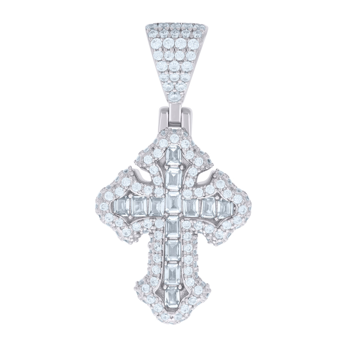 925 Sterling Silver Mens 1.05ct Baguette 1.23ct Round Moissanite Cross Religious Charm Pendant