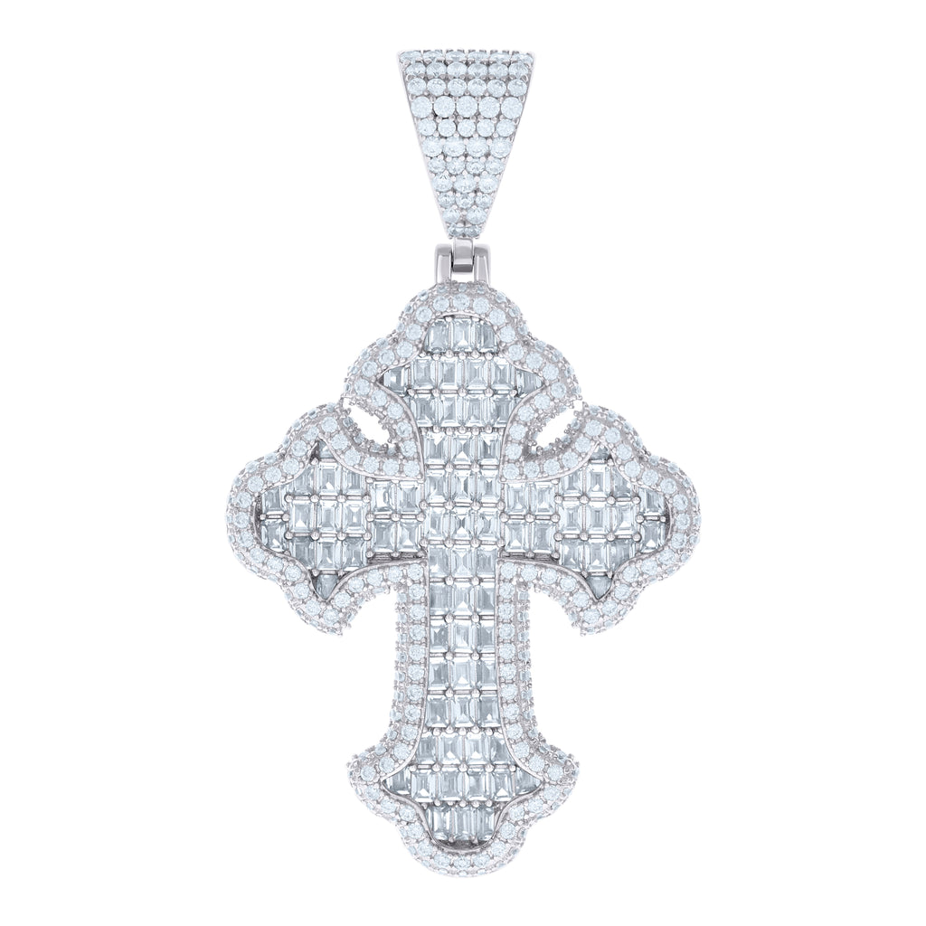 925 Sterling Silver Mens 6.79ct Baguette 3.69ct Round Moissanite Cross Religious Charm Pendant