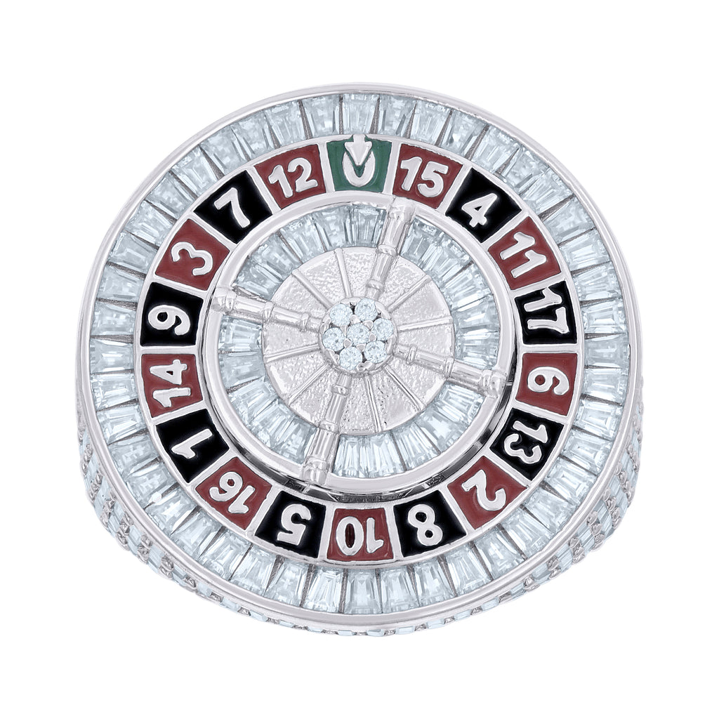 925 Sterling Silver Mens 7.36ct Baguette 0.09ct Round Moissanite Enameled Roulette Casino Gambling Ring Size 10