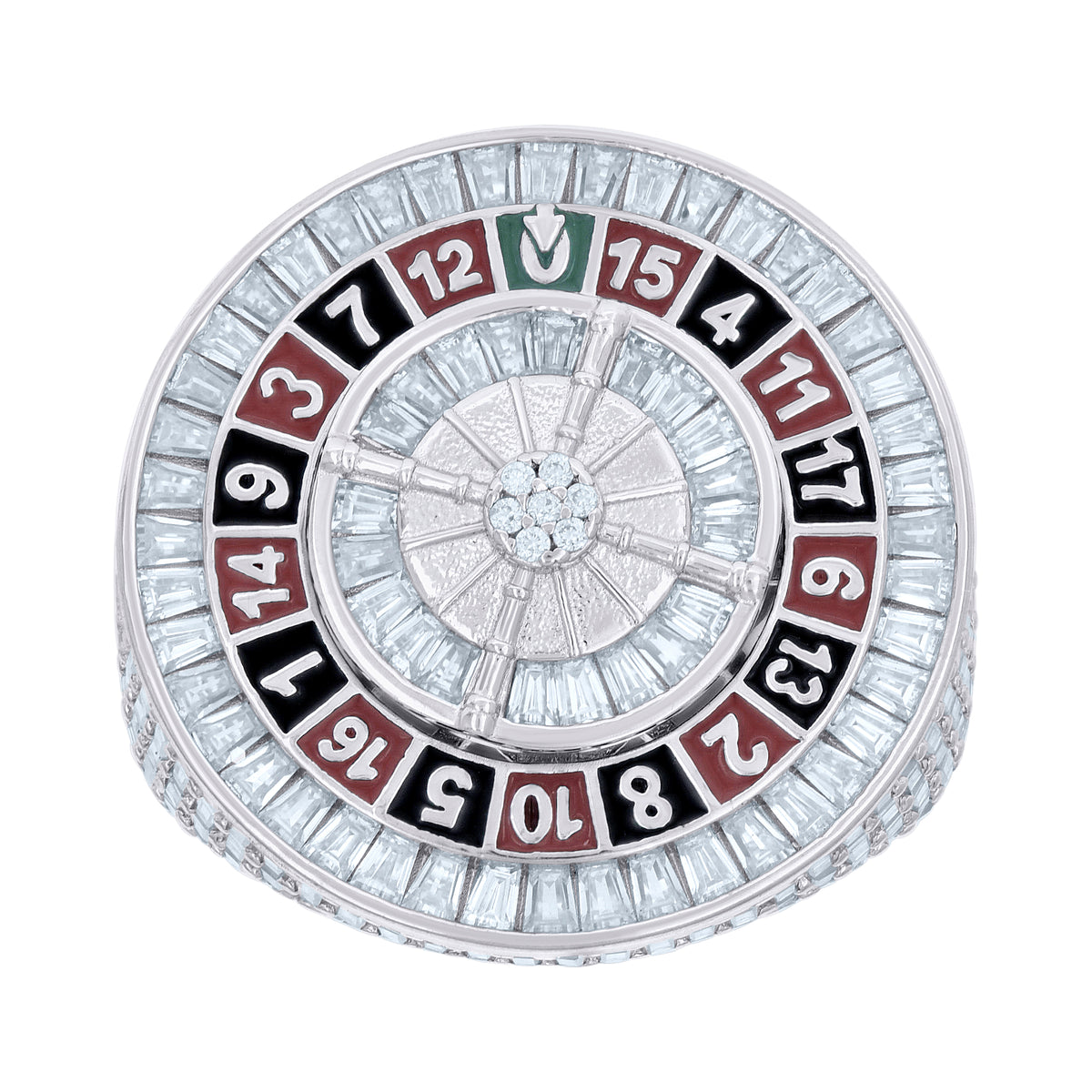 925 Sterling Silver Mens 7.36ct Baguette 0.09ct Round Moissanite Enameled Roulette Casino Gambling Ring Size 10