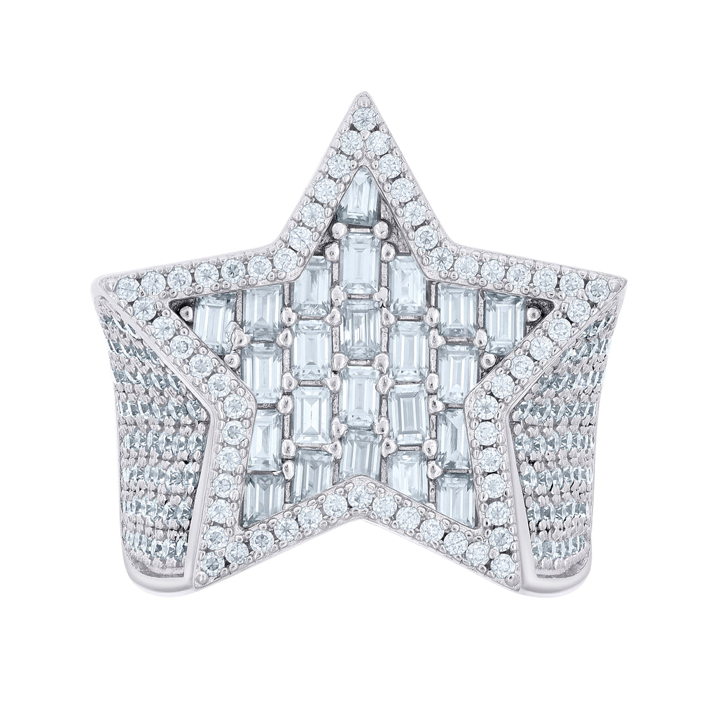 925 Sterling Silver Mens 2.25ct Baguette 3.36ct Round Moissanite Star Fashion Ring