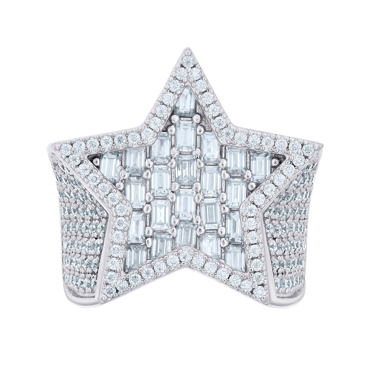 925 Sterling Silver Mens 2.25ct Baguette 3.36ct Round Moissanite Star Fashion Ring