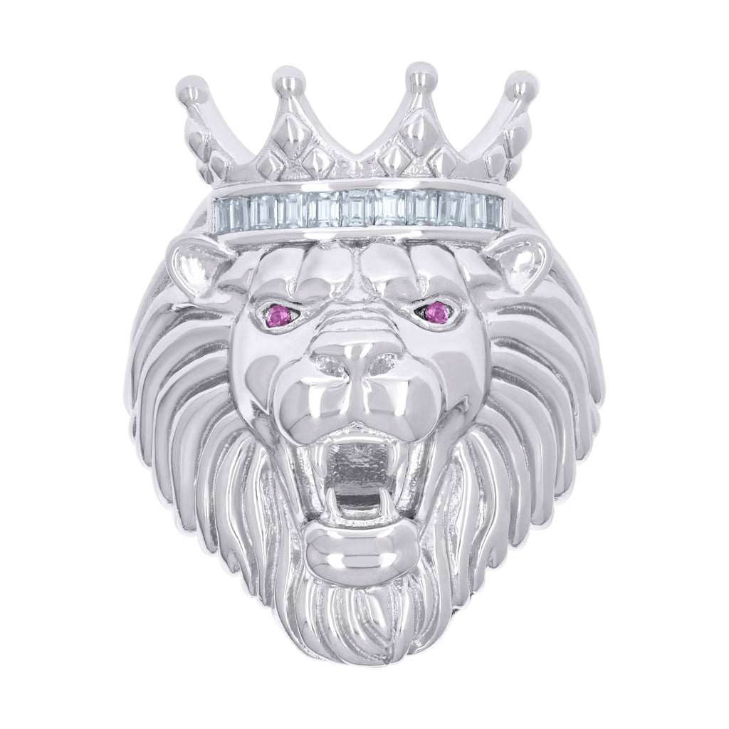 925 Sterling Silver Mens 0.45ct Baguette Pink White Moissanite Leo/Lion Head Ring Size 9
