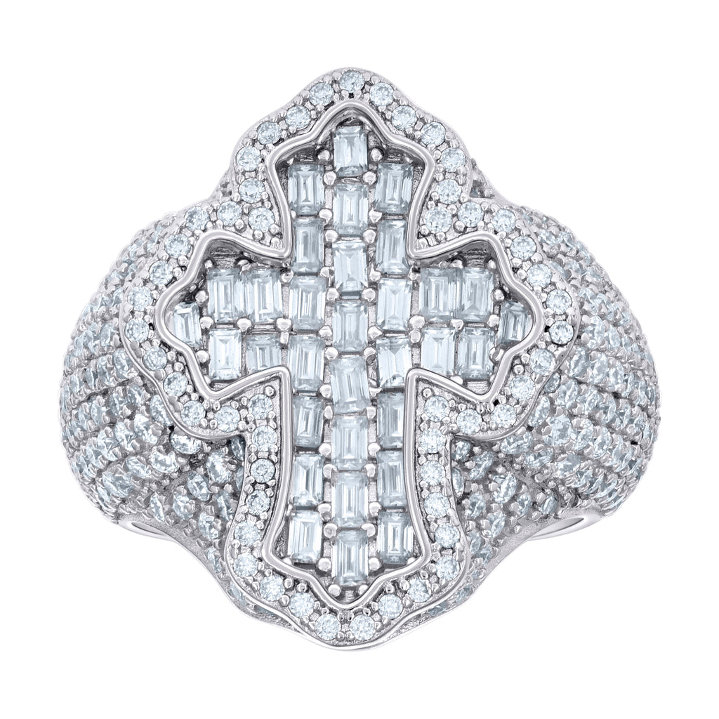 925 Sterling Silver Mens 1.81ct Baguette 5.28ct Round Moissanite Cross Religious Ring