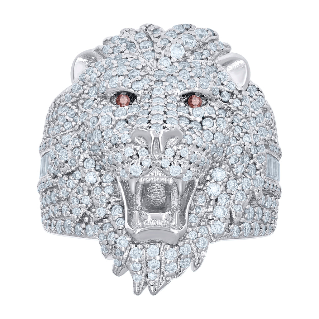 925 Sterling Silver Mens Red White 0.68ct Baguette 2.51ct Round Moissanite Leo/Lion Head Ring Size 10
