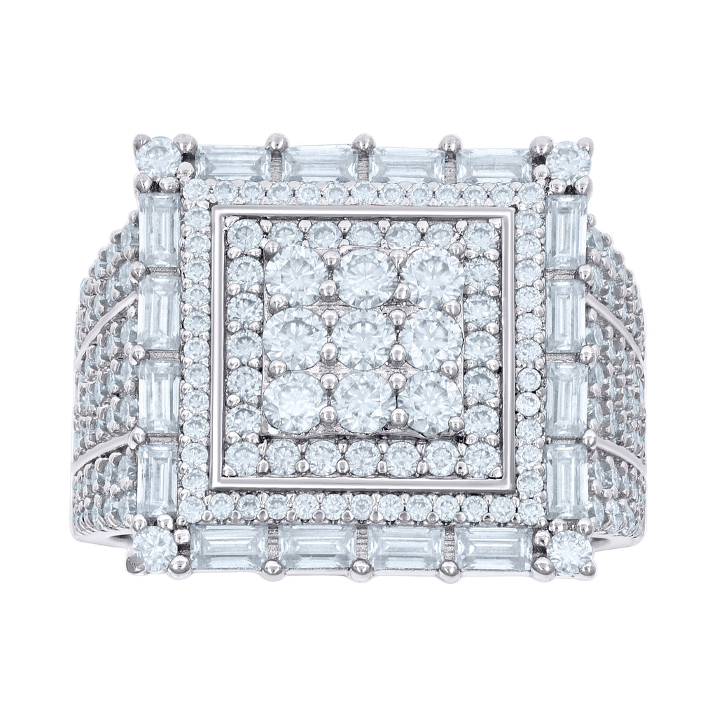 925 Sterling Silver Mens 1.57ct Baguette 2.16ct Round Moissanite Square Head Fashion Ring Size 9