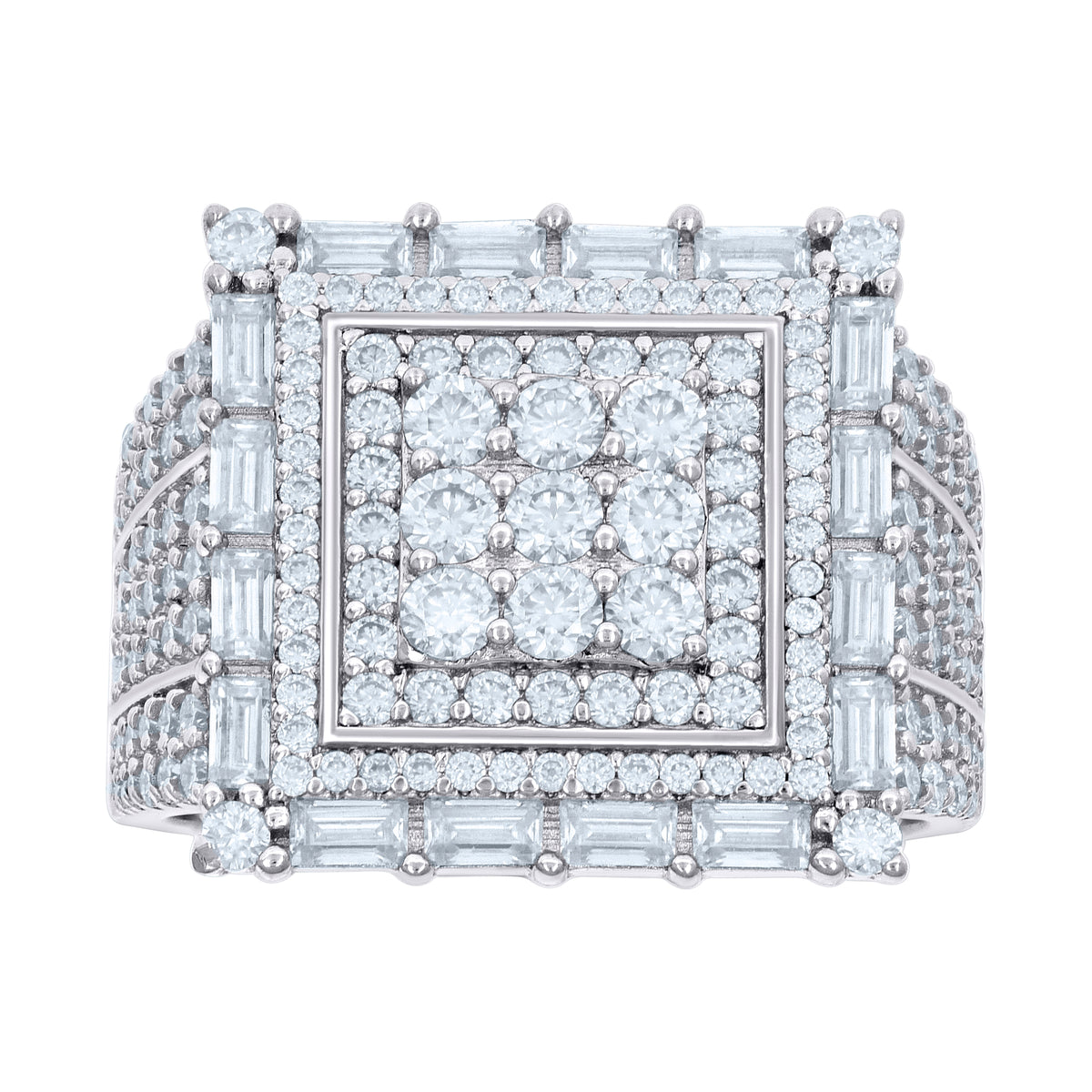925 Sterling Silver Mens 1.57ct Baguette 2.16ct Round Moissanite Square Head Fashion Ring Size 9