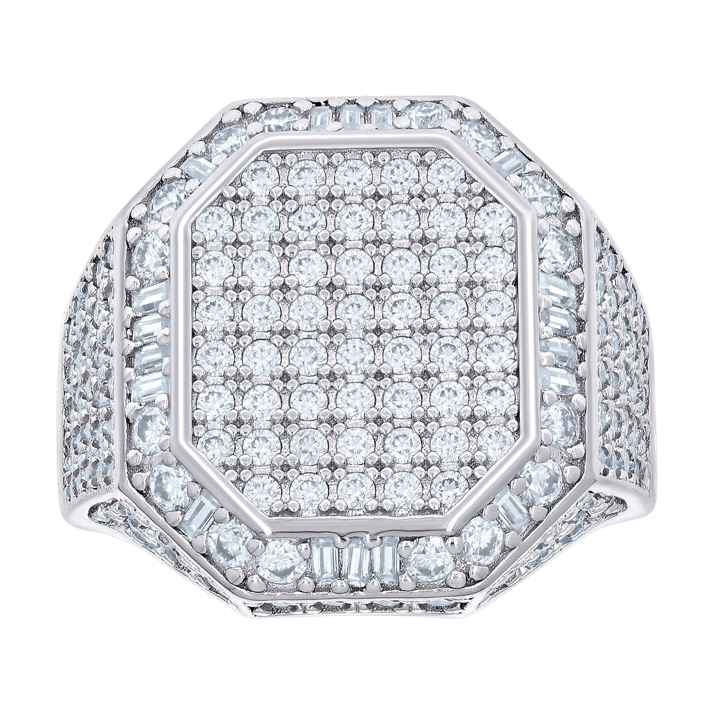 925 Sterling Silver Mens 0.50ct Baguette 2.81ct Round Moissanite Octagon Head Fashion Ring