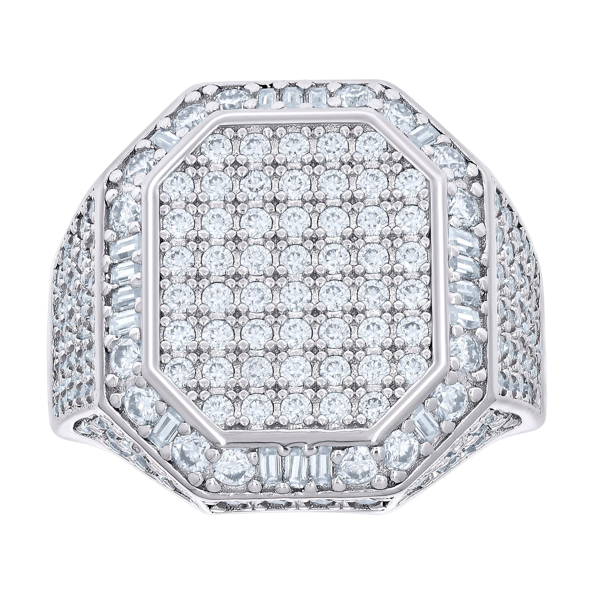 925 Sterling Silver Mens 0.50ct Baguette 2.81ct Round Moissanite Octagon Head Fashion Ring