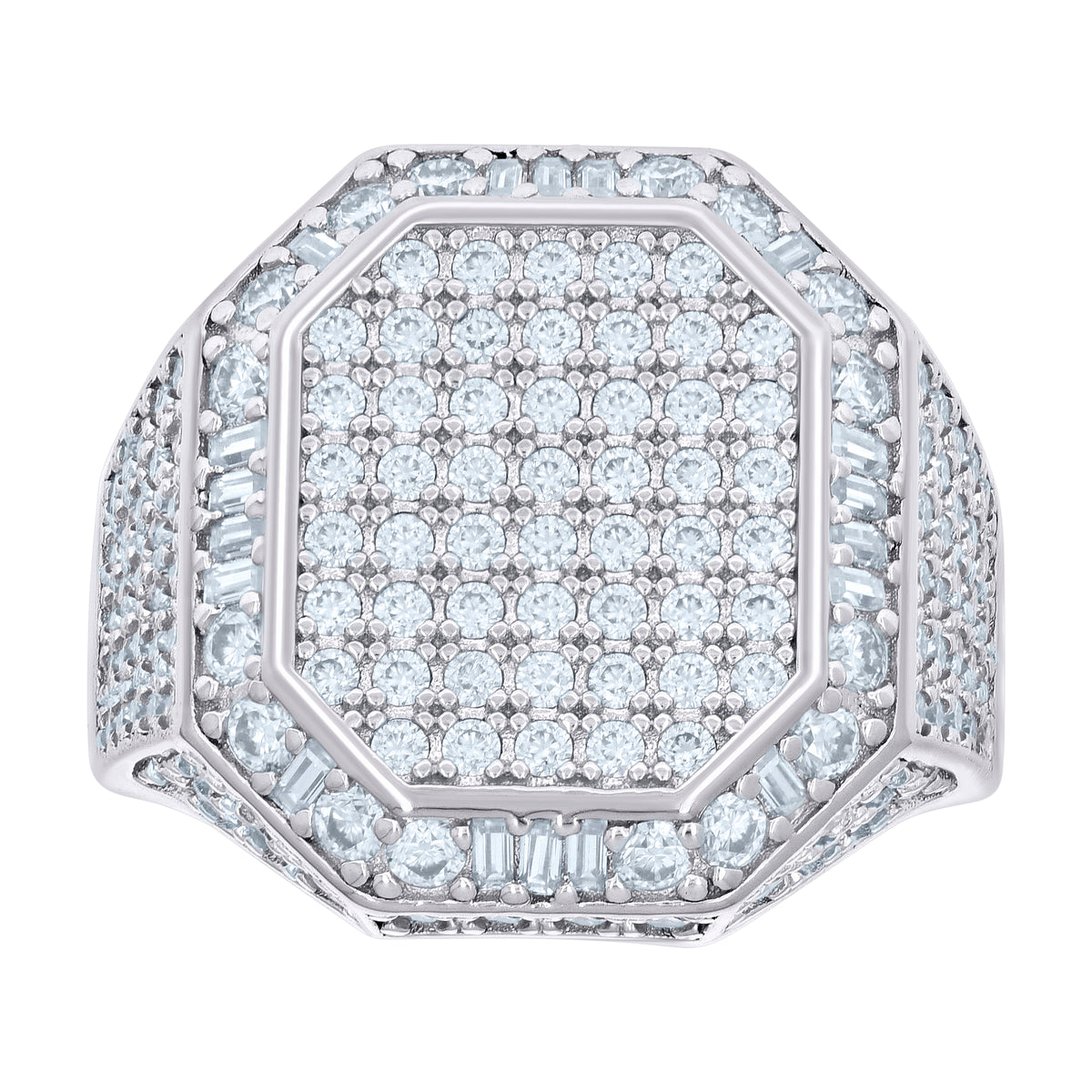 925 Sterling Silver Mens 0.50ct Baguette 2.81ct Round Moissanite Octagon Head Fashion Ring Size 9