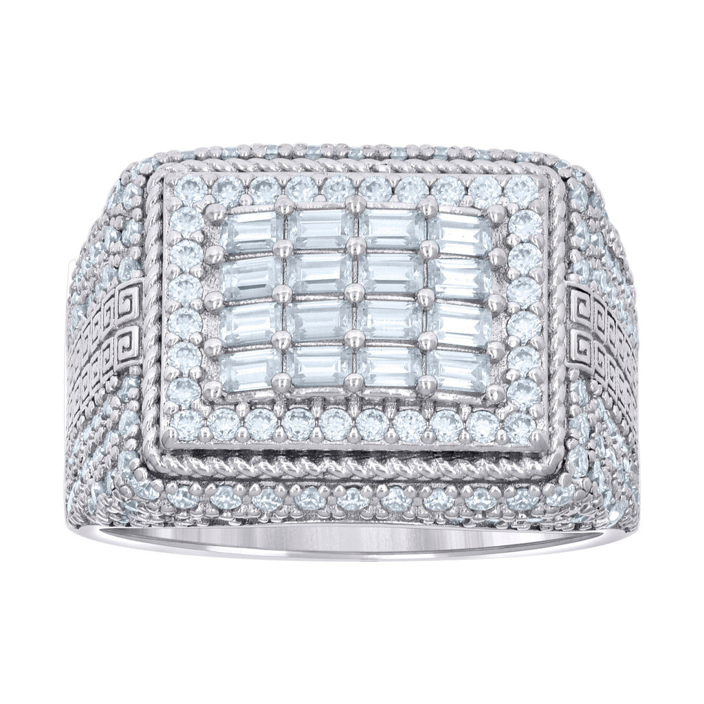 925 Sterling Silver Mens 0.91ct Baguette 1.57ct Round Moissanite Square Head Fashion Ring Size 9