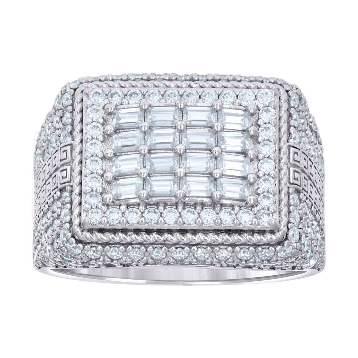 925 Sterling Silver Mens 0.91ct Baguette 1.57ct Round Moissanite Square Head Fashion Ring Size 9