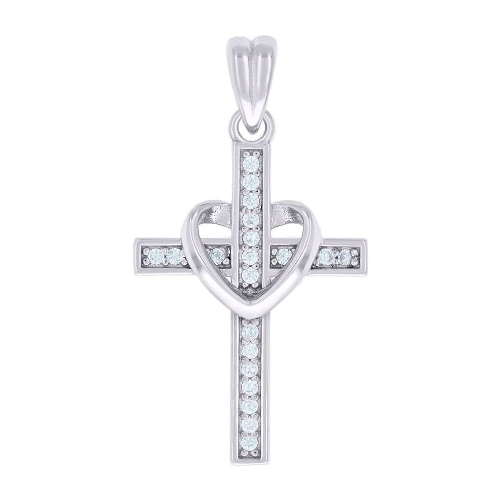 925 Sterling Silver Unisex Round Cubic-Zirconia Heart Cross Religious Charm Pendant