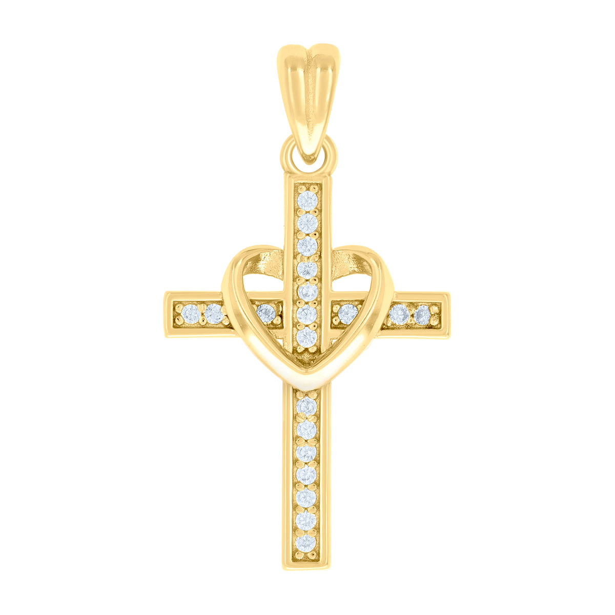 925 Sterling Silver Yellow-tone Unisex Round Cubic-Zirconia Heart Cross Religious Charm Pendant