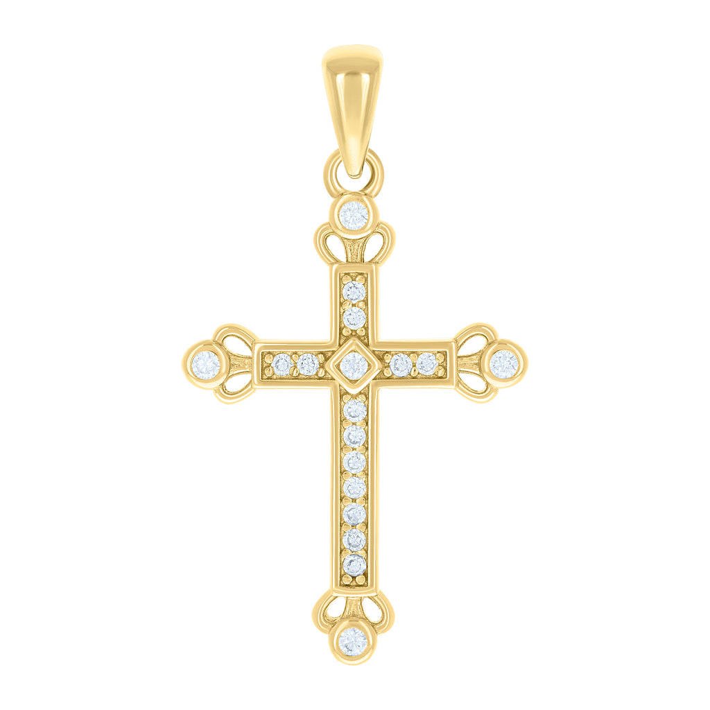 925 Sterling Silver Yellow-tone Unisex Round Cubic-Zirconia Cross Religious Charm Pendant