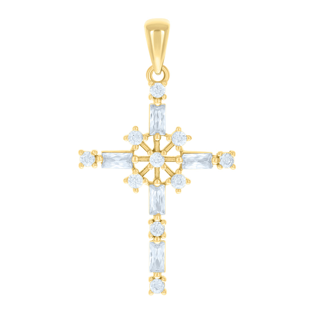 925 Sterling Silver Yellow-tone Unisex Baguette Round Cubic-Zirconia Cross Religious Charm Pendant