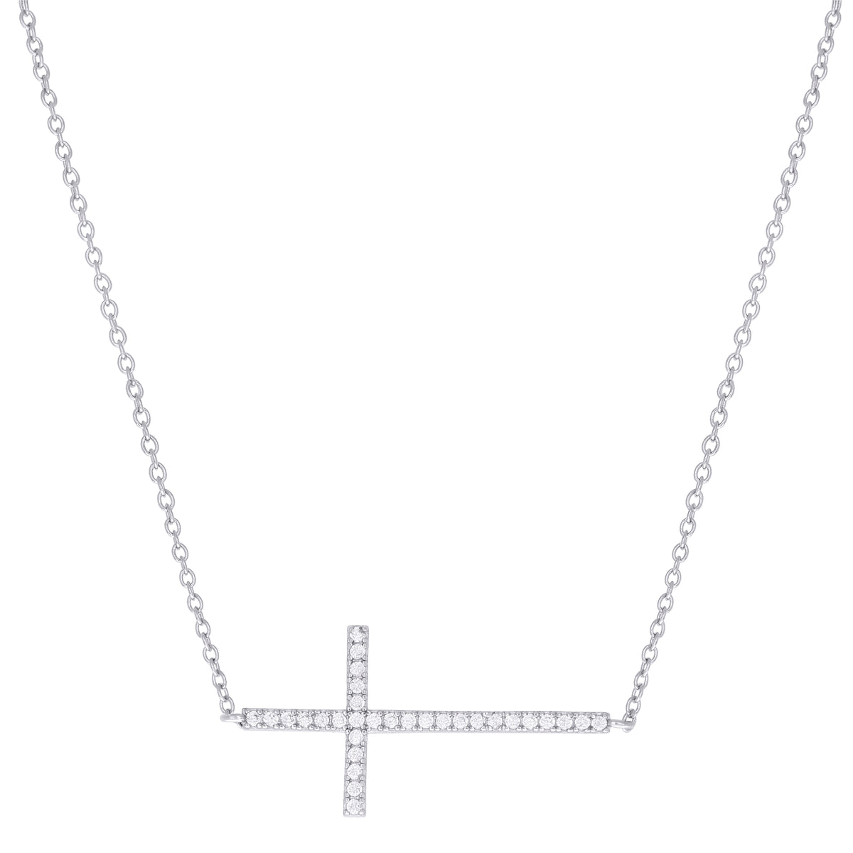 925 Sterling Silver Womens Cubic-Zirconia Sideways Cross Religious Charm Necklace Size 17 + 1 Inches