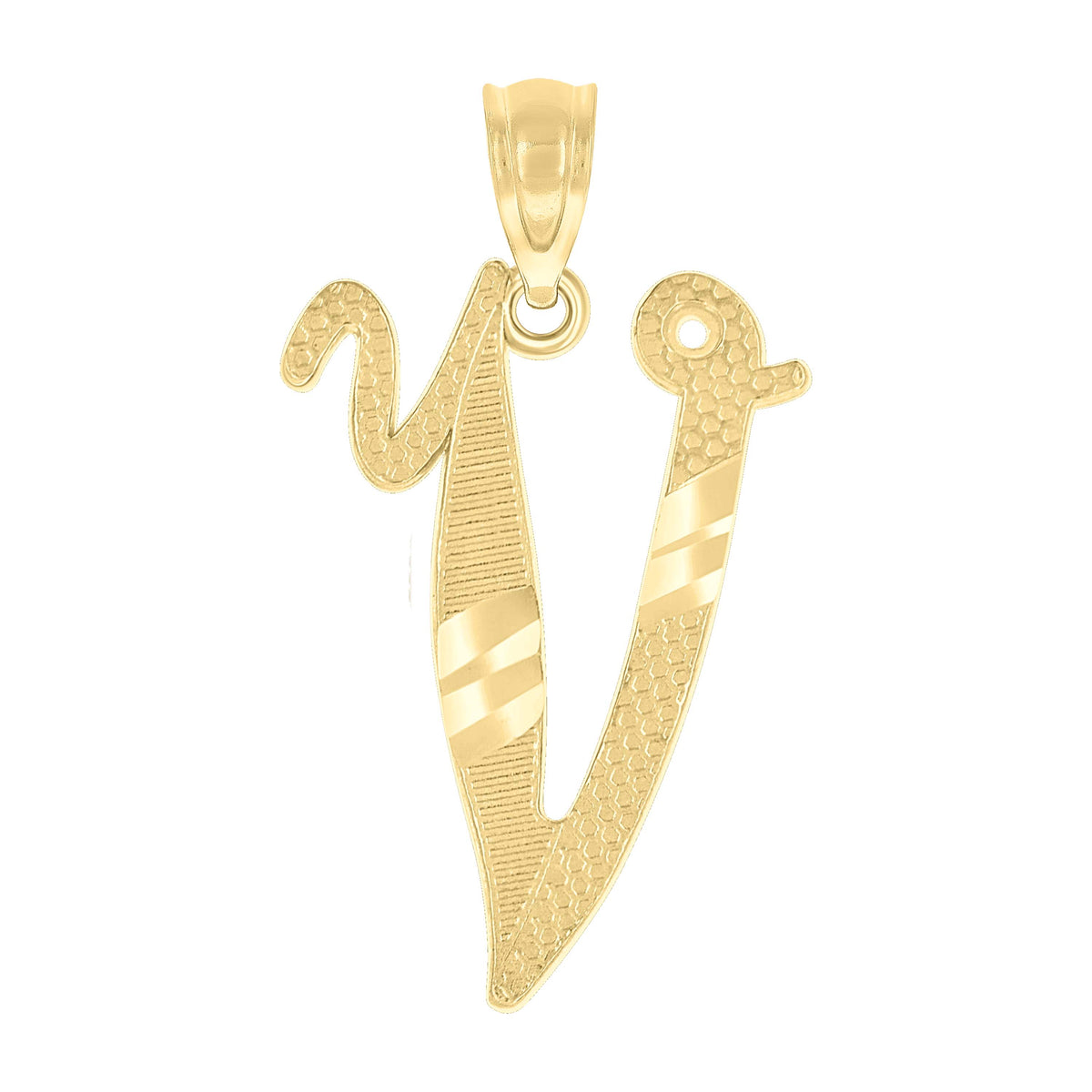 10K Yellow Gold Unisex Diamond-Cut Initial V Charm Pendant