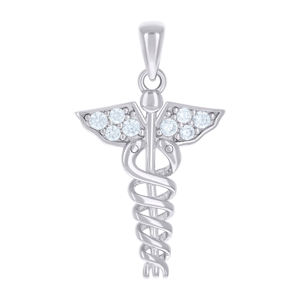 925 Sterling Silver Unisex Cubic-Zirconia Caduceus Medical Symbol Occupation Pendant