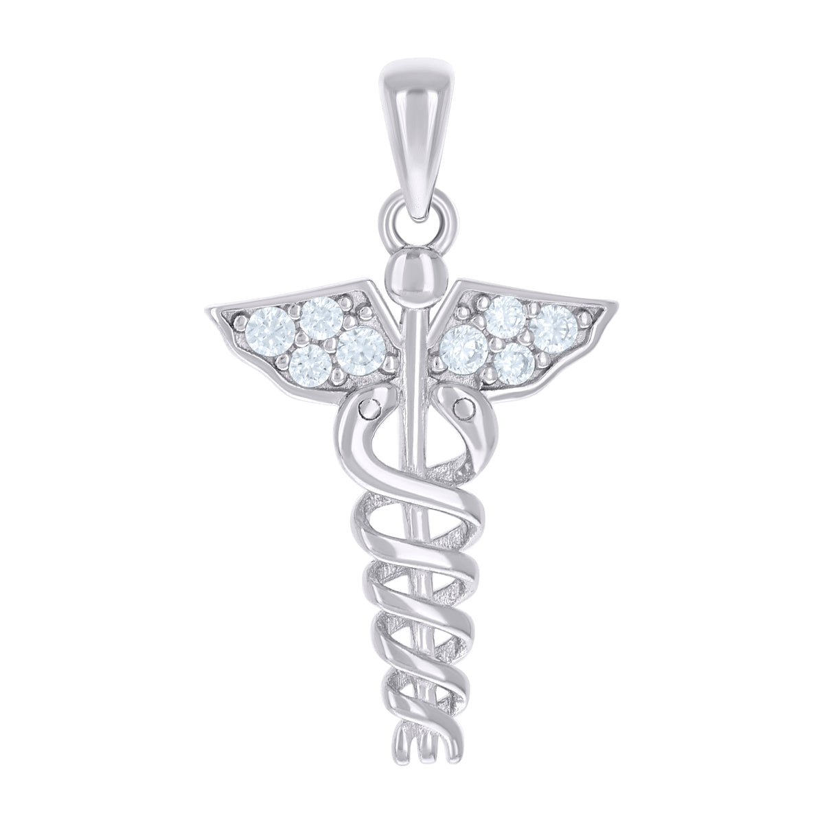 925 Sterling Silver Unisex Cubic-Zirconia Caduceus Medical Symbol Occupation Pendant
