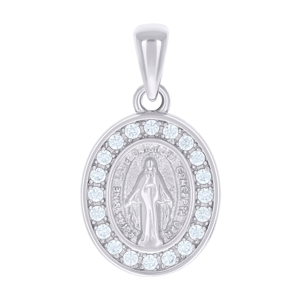 925 Sterling Silver Unisex Cubic-Zirconia Oval Miraculous Virgin Mary Religious Pendant