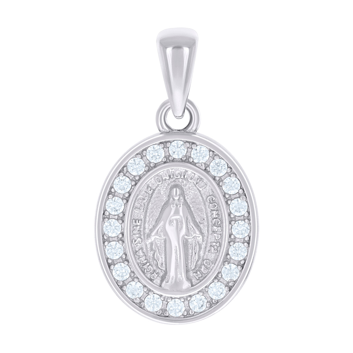 925 Sterling Silver Unisex Cubic-Zirconia Oval Miraculous Virgin Mary Religious Pendant