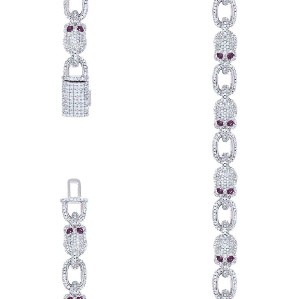 925 Sterling Silver Mens 28.0ct Moissanite Skull Link Chain Necklace 9.3mm Size 22 Inches