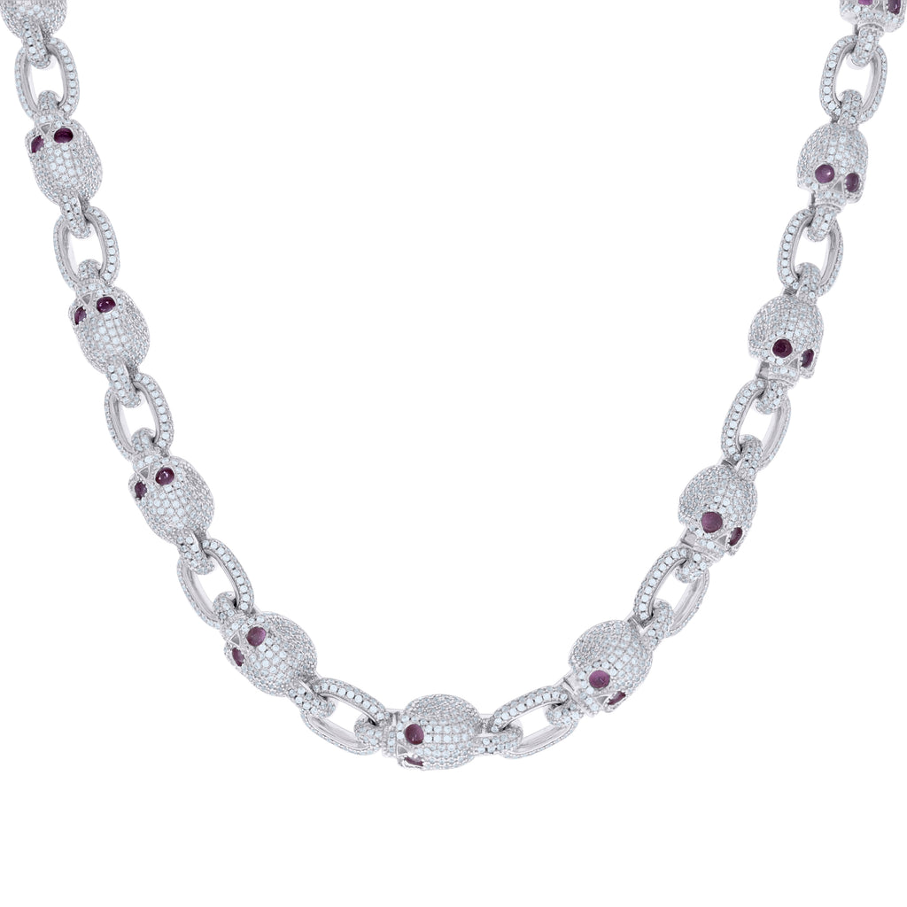 925 Sterling Silver Mens 25.42ct Moissanite Skull Link Chain Necklace 9.3mm Size 20 Inches