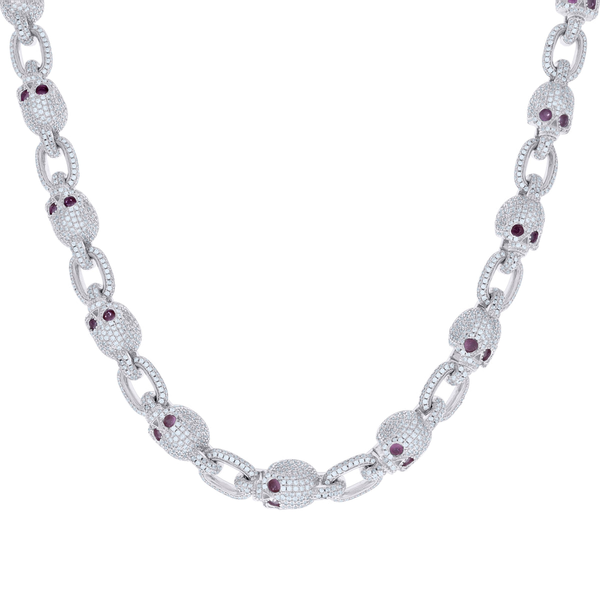 925 Sterling Silver Mens 28.0ct Moissanite Skull Link Chain Necklace 9.3mm Size 22 Inches