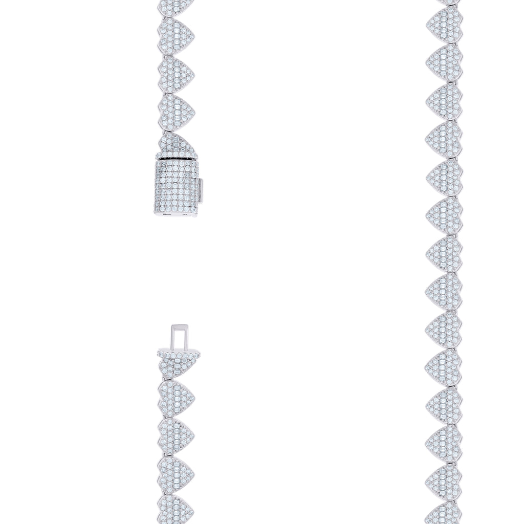 925 Sterling Silver 5.34ct Round, 4.54ct Baguette Moissanite Heart Link Necklace 8mm Size 16 Inches