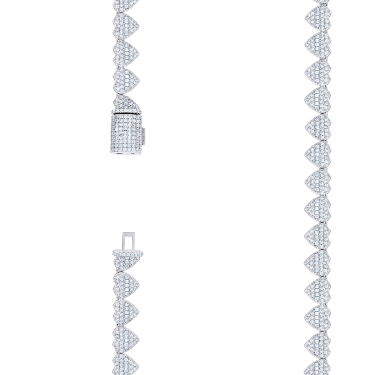 925 Sterling Silver 5.83ct Round, 5.01ct Baguette Moissanite Heart Link Necklace 8mm Size 18 Inches