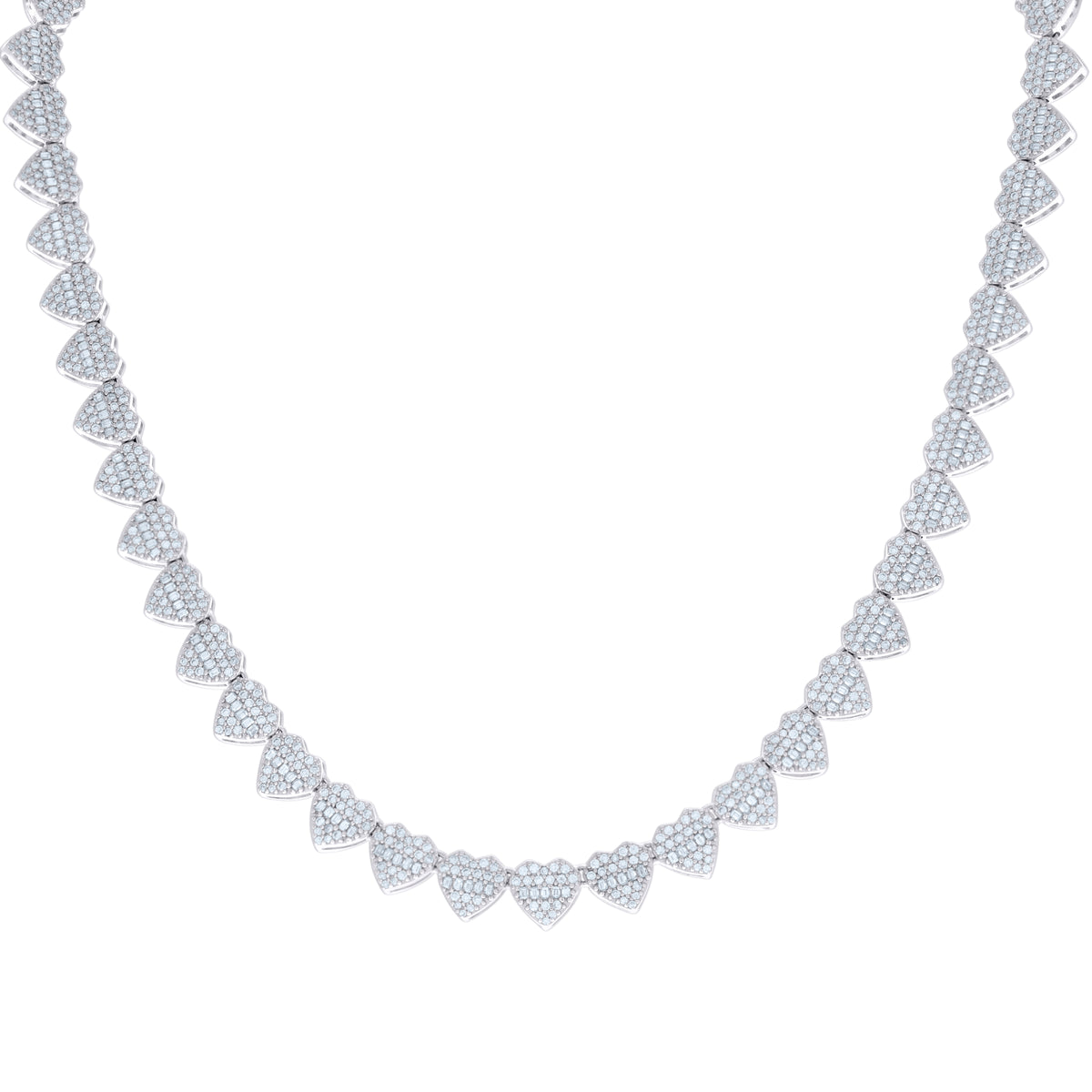 925 Sterling Silver 5.83ct Round, 5.01ct Baguette Moissanite Heart Link Necklace 8mm Size 18 Inches