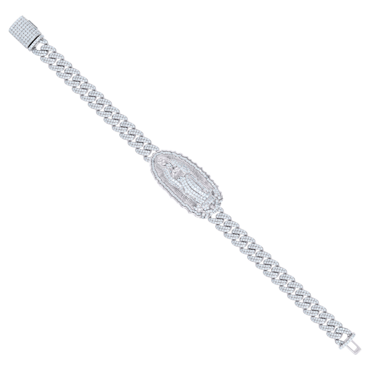 925 Sterling Silver Unisex 6.27ct Moissanite Guadalupe Religious Charm Bracelet Size 8.5 Inches