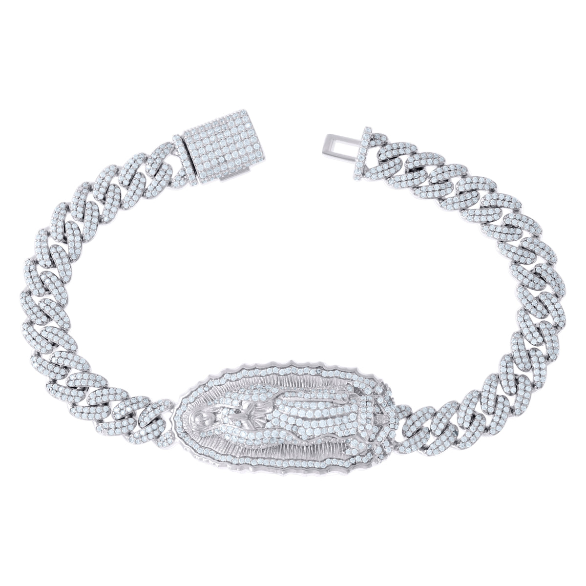 925 Sterling Silver Unisex 6.27ct Moissanite Guadalupe Religious Charm Bracelet Size 8.5 Inches