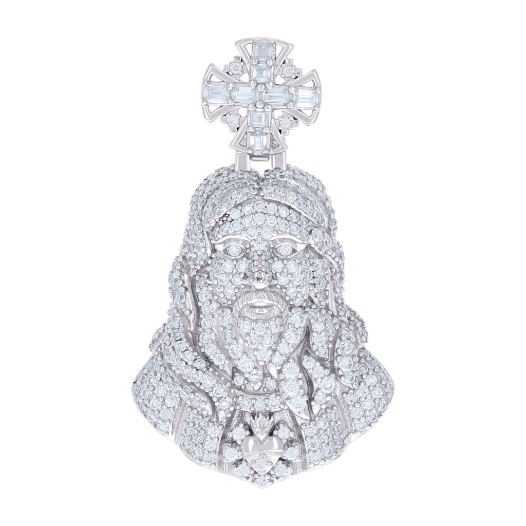 925 Sterling Silver Mens 1.90ct Round 0.37ct Baguette Moissanite Cross Jesus Religious Pendant