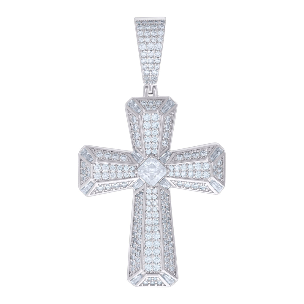 925 Sterling Silver Mens 2.68ct Round 2.28ct Baguette Moissanite Cross Religious Pendant